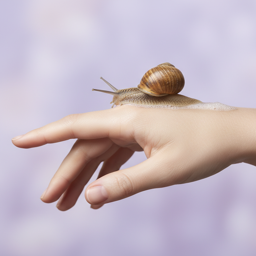 genera una immagine quadrata del dorso di una mano di una donna con sopra una lumaca che cammina ed estrae un po' di bava schiumosa il tutto con uno sfondo chiaro con colori tendenti al lilla